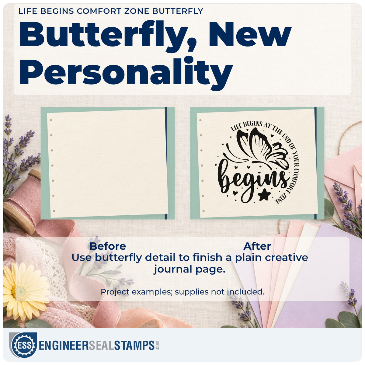 Before and after of a plain item finished with the Life Begins Comfort Zone Butterfly With Stars Stamp – Duo Hand, a quick upgrade for framed garage bay.