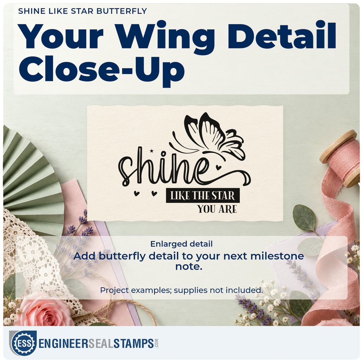 Enlarged detail of the Shine Like Star Butterfly Pre-Inked Stamp – Slim imprint. A butterfly appears above "shine" with hearts and the words "like the star you are" in a dark label and capitals.