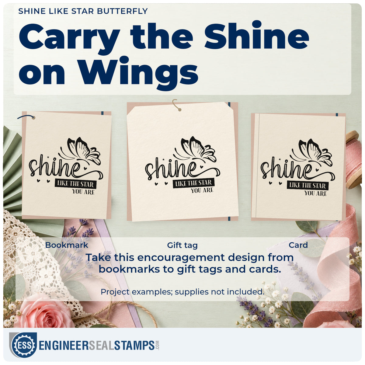 Three project examples made with the Shine Like Star Butterfly Pre-Inked Stamp – Slim, including concert order sheet.