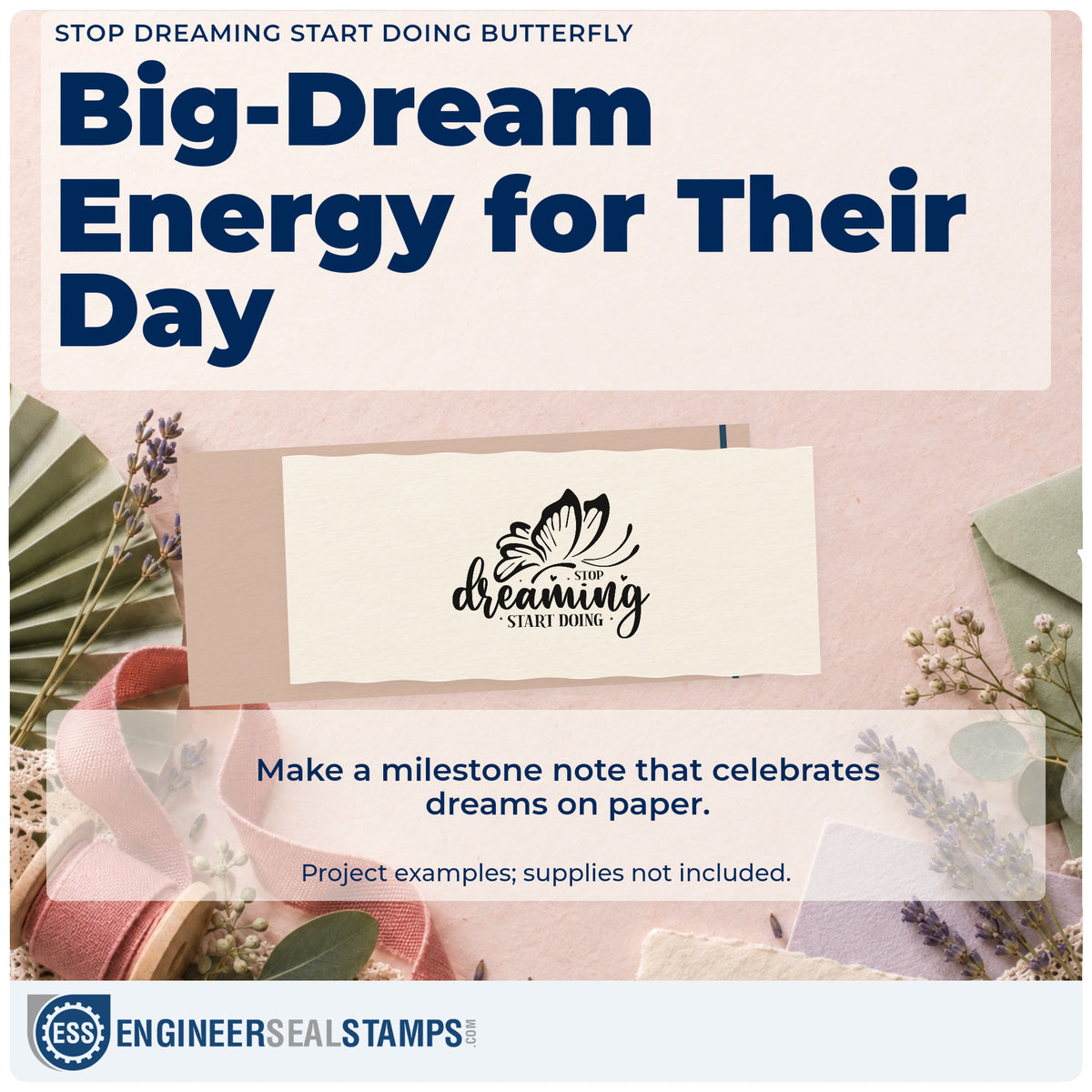 A finished handmade project stamped with the Duo Hand Stop Dreaming Start Doing Butterfly Lettering Rubber Stamp, ideal for recipe test album page.