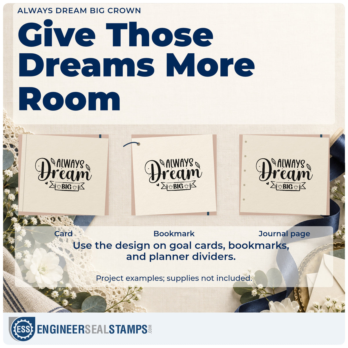 Three project examples made with the Two Crown Ribbon Always Dream Big Premium Wood-Mounted Stamp – Vintage Pro, including party run sheet.