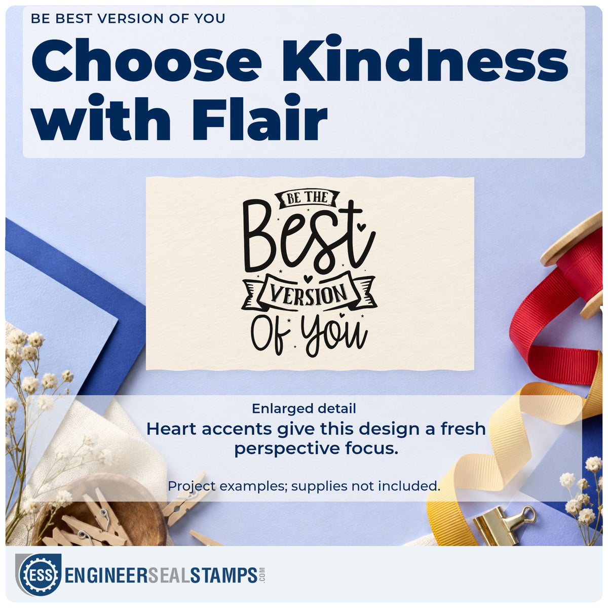 Enlarged detail of the Be The Best Version Of You Rubber Stamp – Duo Hand imprint. The phrase "Be the best version of you" includes ribbon banners and scattered small hearts.