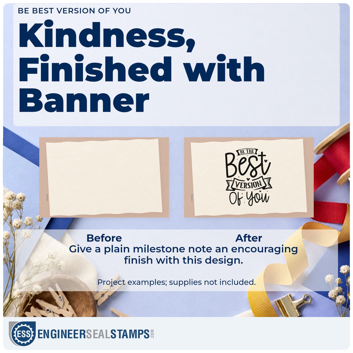 Before and after of a plain item finished with the Be The Best Version Of You Rubber Stamp – Duo Hand, a quick upgrade for framed back office.