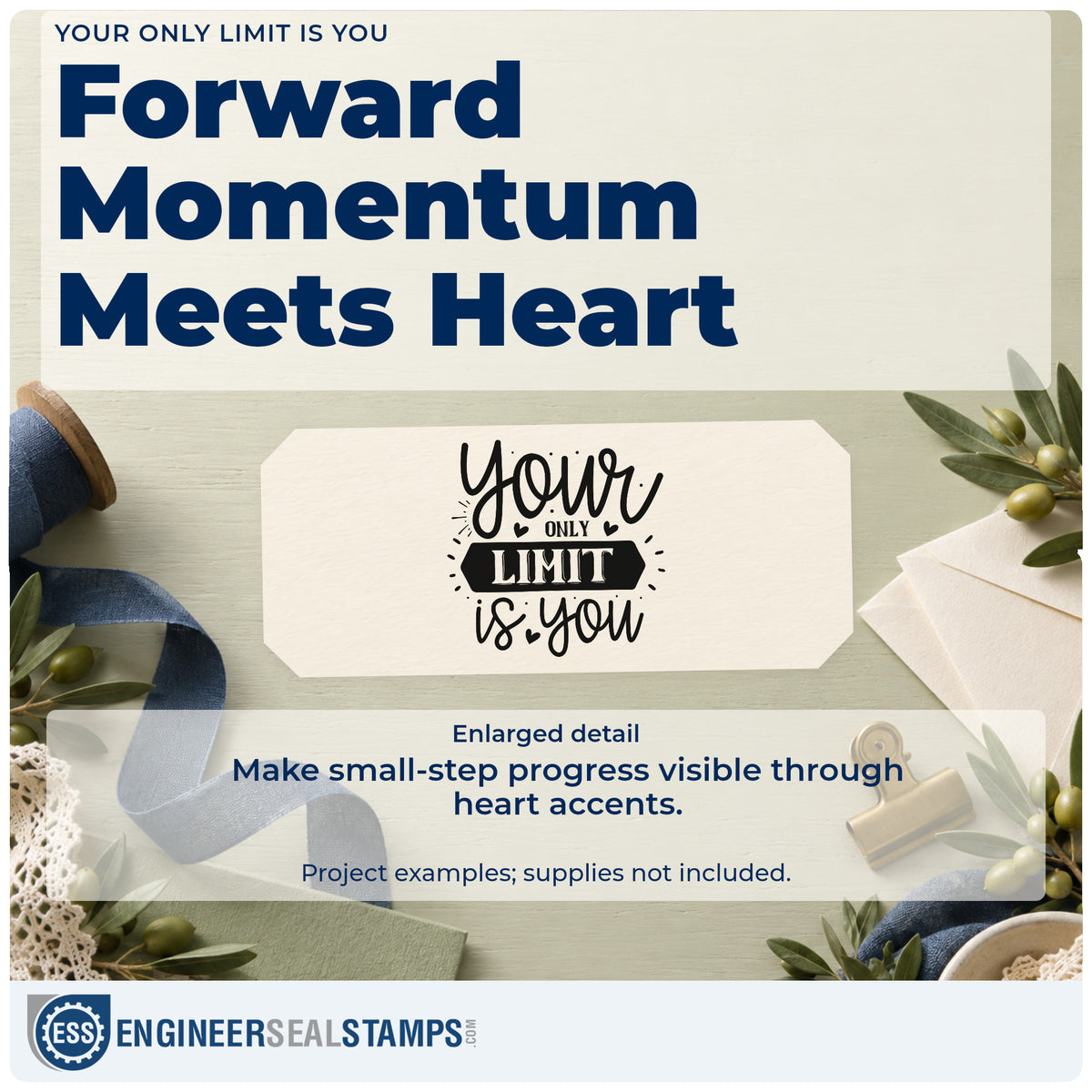 Enlarged detail of the Your Only Limit Is You With Hearts Self-Inking Stamp imprint. The phrase "Your only limit is you" appears with a dark banner, hearts, dots, and rays.