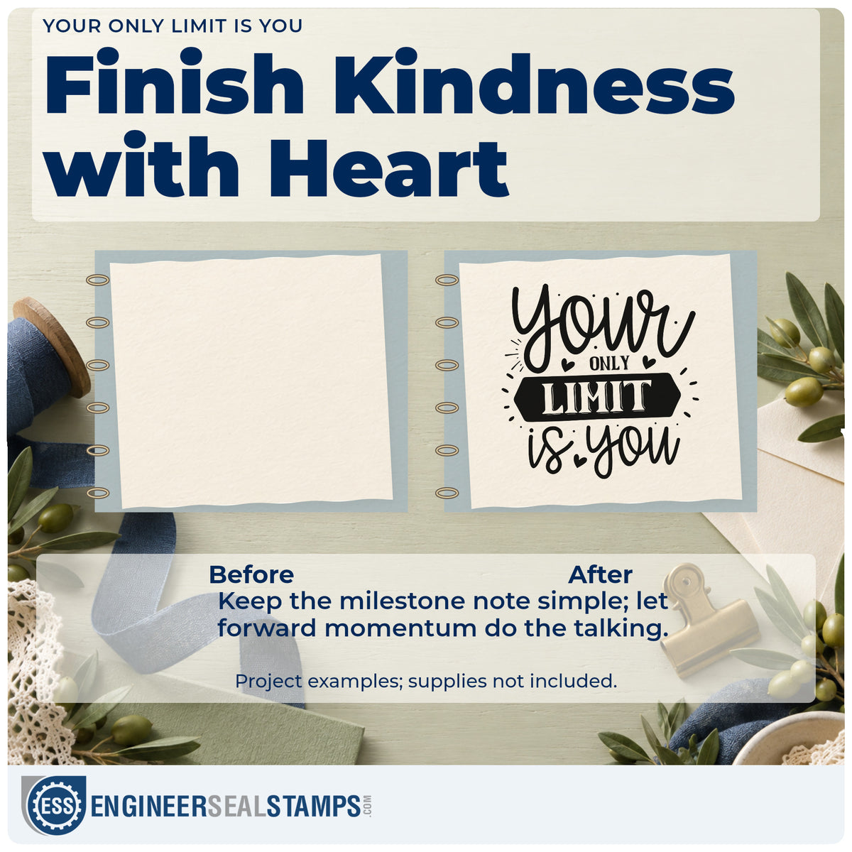 Before and after of a plain item finished with the Your Only Limit Is You With Hearts Self-Inking Stamp, a quick upgrade for framed track shed.