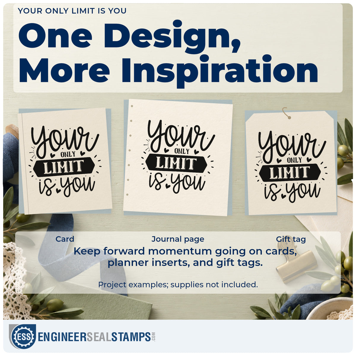 Three project examples made with the Your Only Limit Is You With Hearts Self-Inking Stamp, including split time sheet.