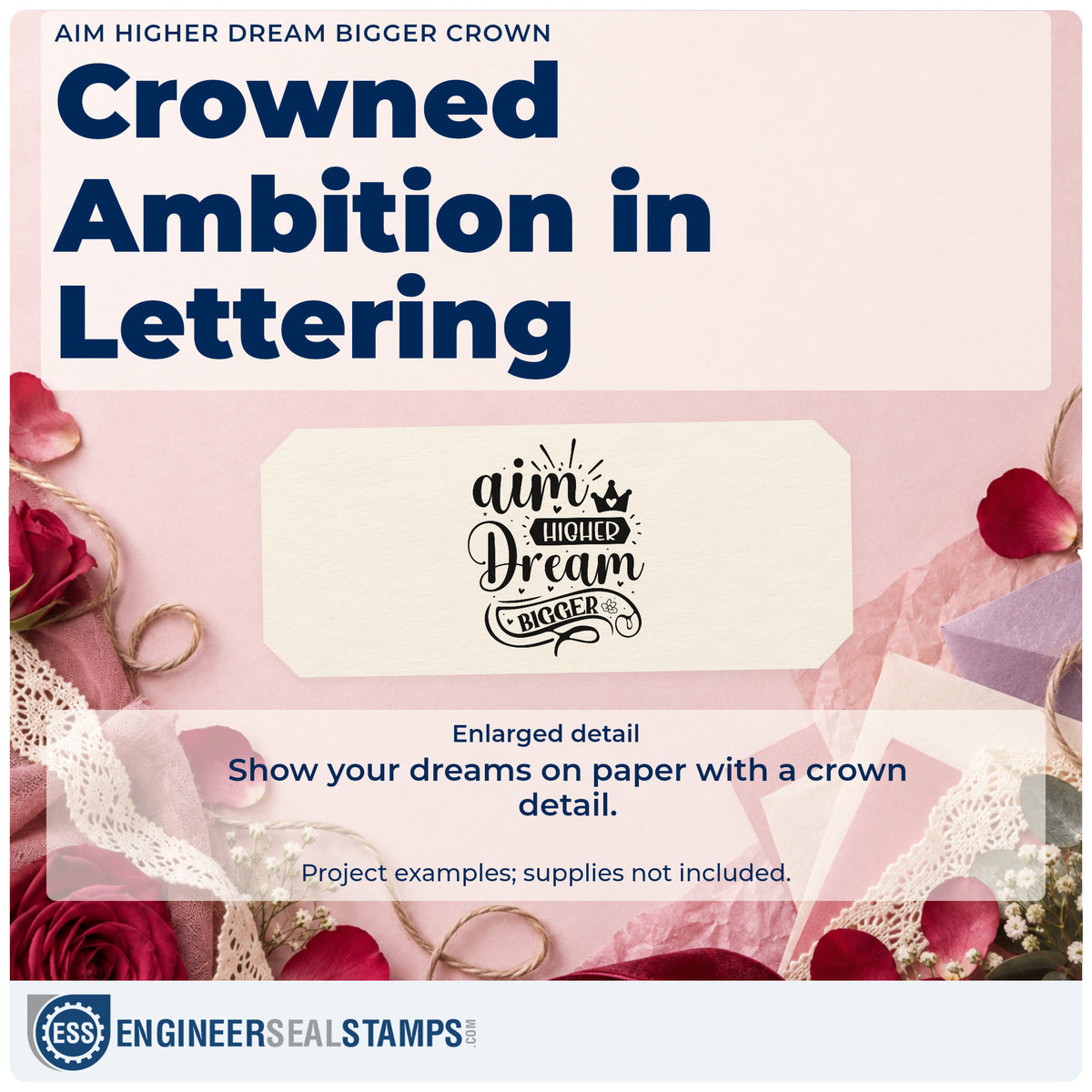 Enlarged detail of the Aim Higher Dream Bigger Crown With Hearts Rubber Stamp – Duo Hand imprint. The phrase "aim higher dream bigger" includes a crown, dark label, ribbon banner, hearts, and rays.