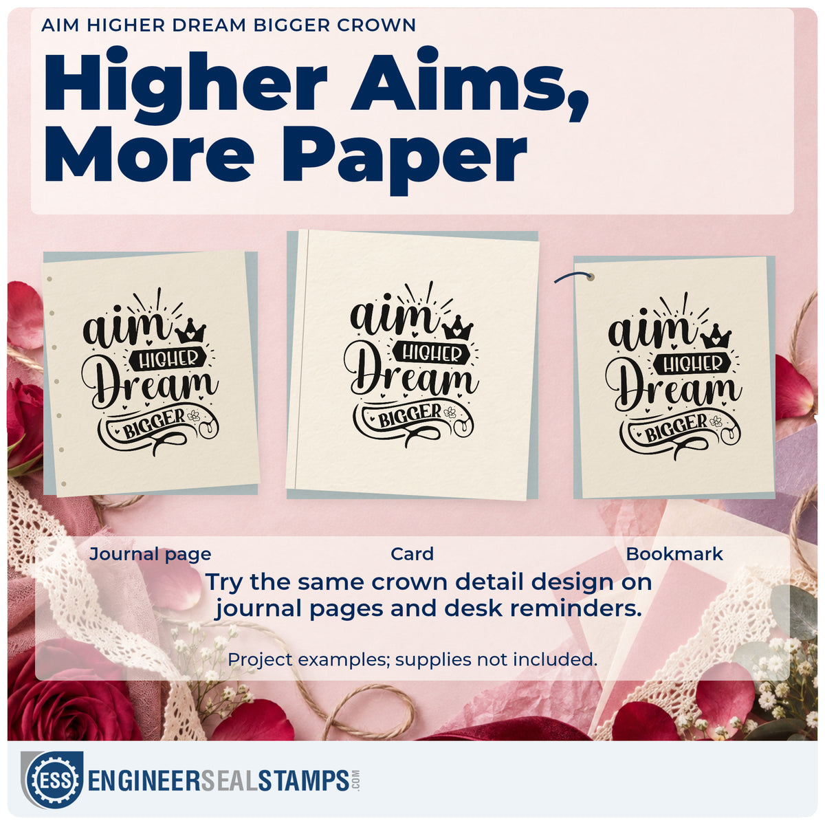 Three project examples made with the Aim Higher Dream Bigger Crown With Hearts Stamp – Premium Vintage Pro Wooden, including game stat sheet.
