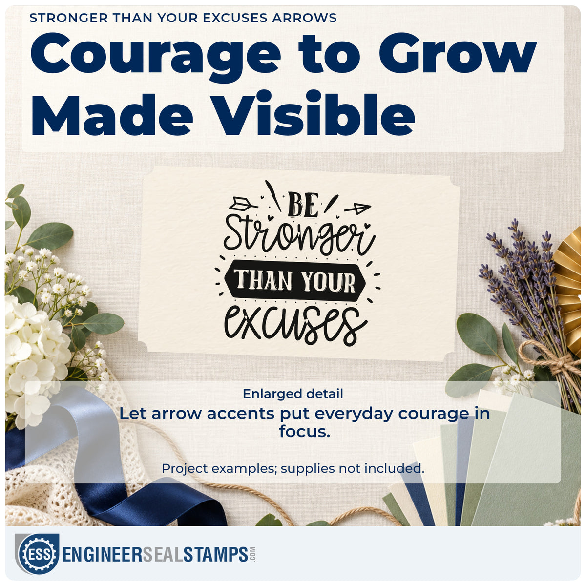 Enlarged detail of the Stronger Than Your Excuses Arrows Ribbon Lettering Slim Pre-Inked Stamp imprint. The words "Be stronger than your excuses" appear with two small arrows, a dark banner, dots, and rays.