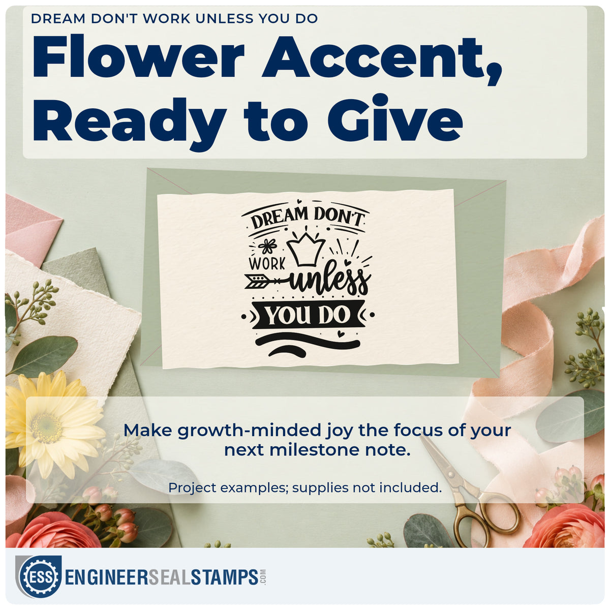A finished handmade project stamped with the Dream Don't Work Unless You Do Floral Accents Pre-Inked Stamp – Slim, ideal for flight album page.