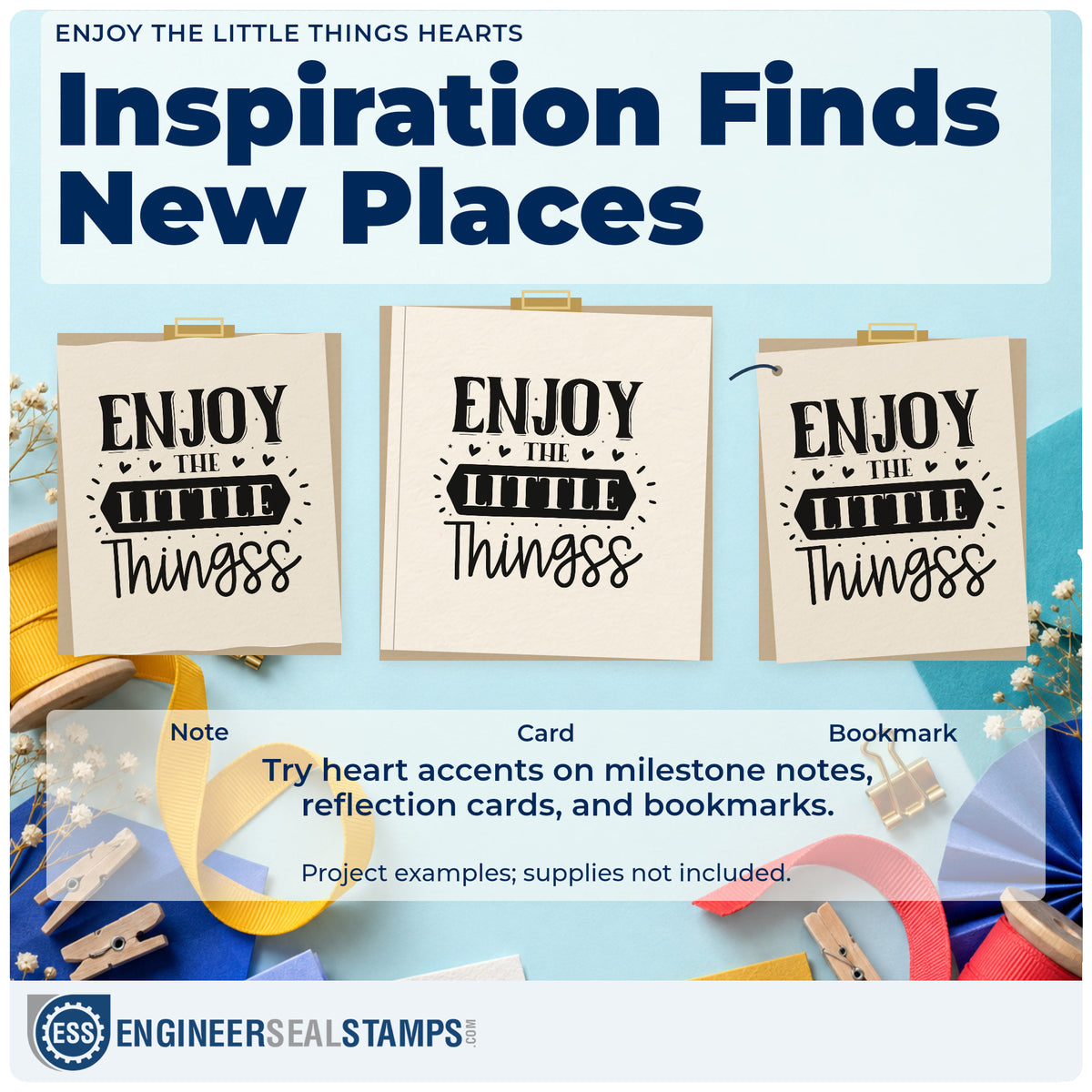 Three project examples made with the Enjoy The Little Things Hearts Wood-Mounted Rubber Stamp, including recipe pick sheet.