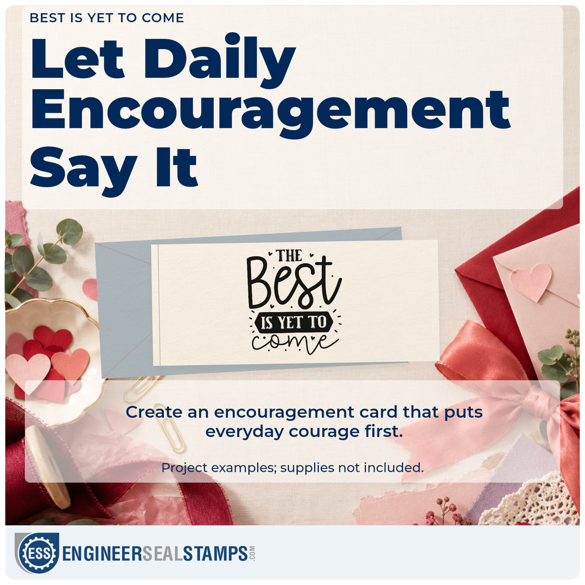 A finished handmade project stamped with the The Best Is Yet To Come With Hearts Compact Pre-Inked Stamp – Slim, ideal for shower album page.