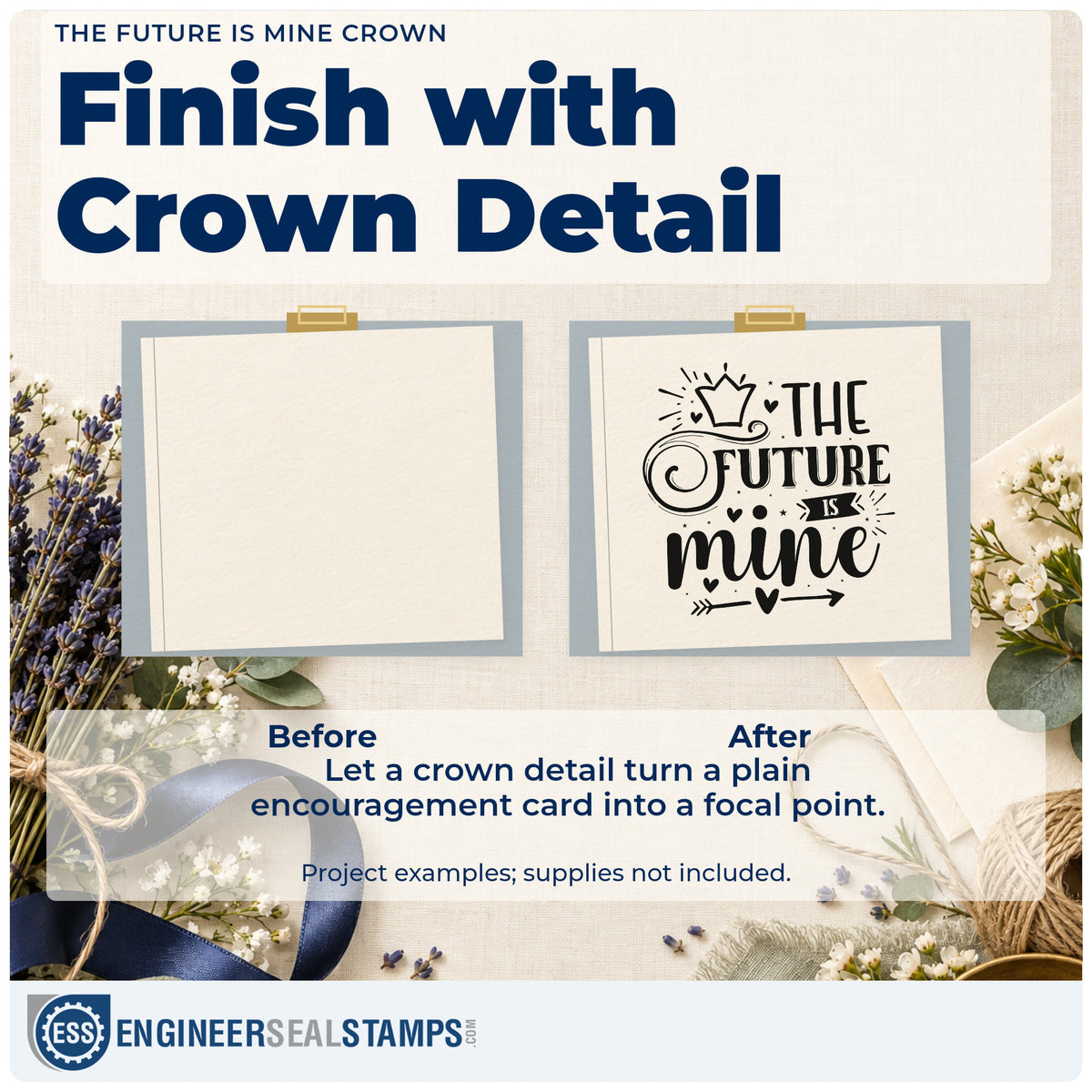 Before and after of a plain item finished with the The Future Is Mine Crown Premium Wood-Mounted Stamp – Vintage Pro, a quick upgrade for framed hall board.