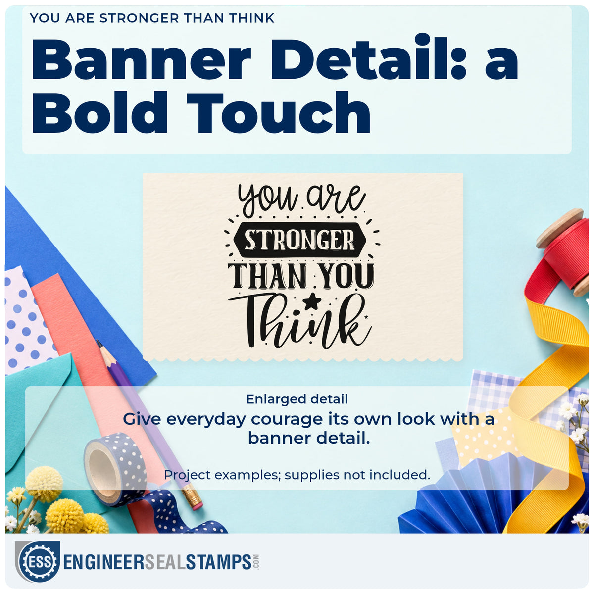 Enlarged detail of the You Are Stronger Than Think Stamp – Premium Vintage Pro Wooden imprint. The phrase "you are stronger than you think" includes a dark banner, solid star, dots, and rays.