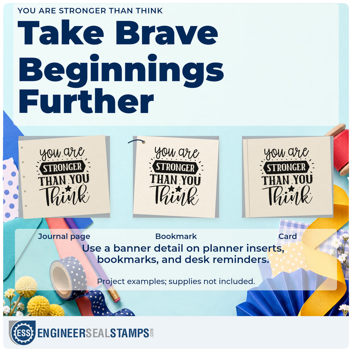 Three project examples made with the You Are Stronger Than Think Rubber Stamp – Duo Hand, including swim distance sheet.