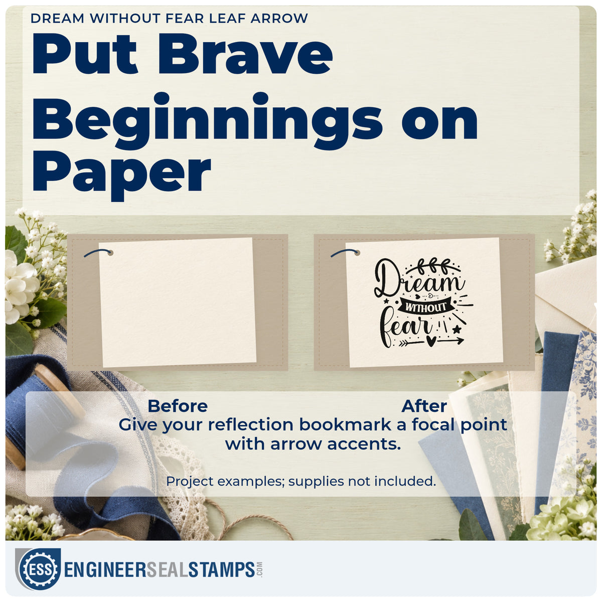 Before and after of a plain item finished with the Dream Without Fear Leaf Arrow Rubber Stamp – Wood Handle, a quick upgrade for framed study table.
