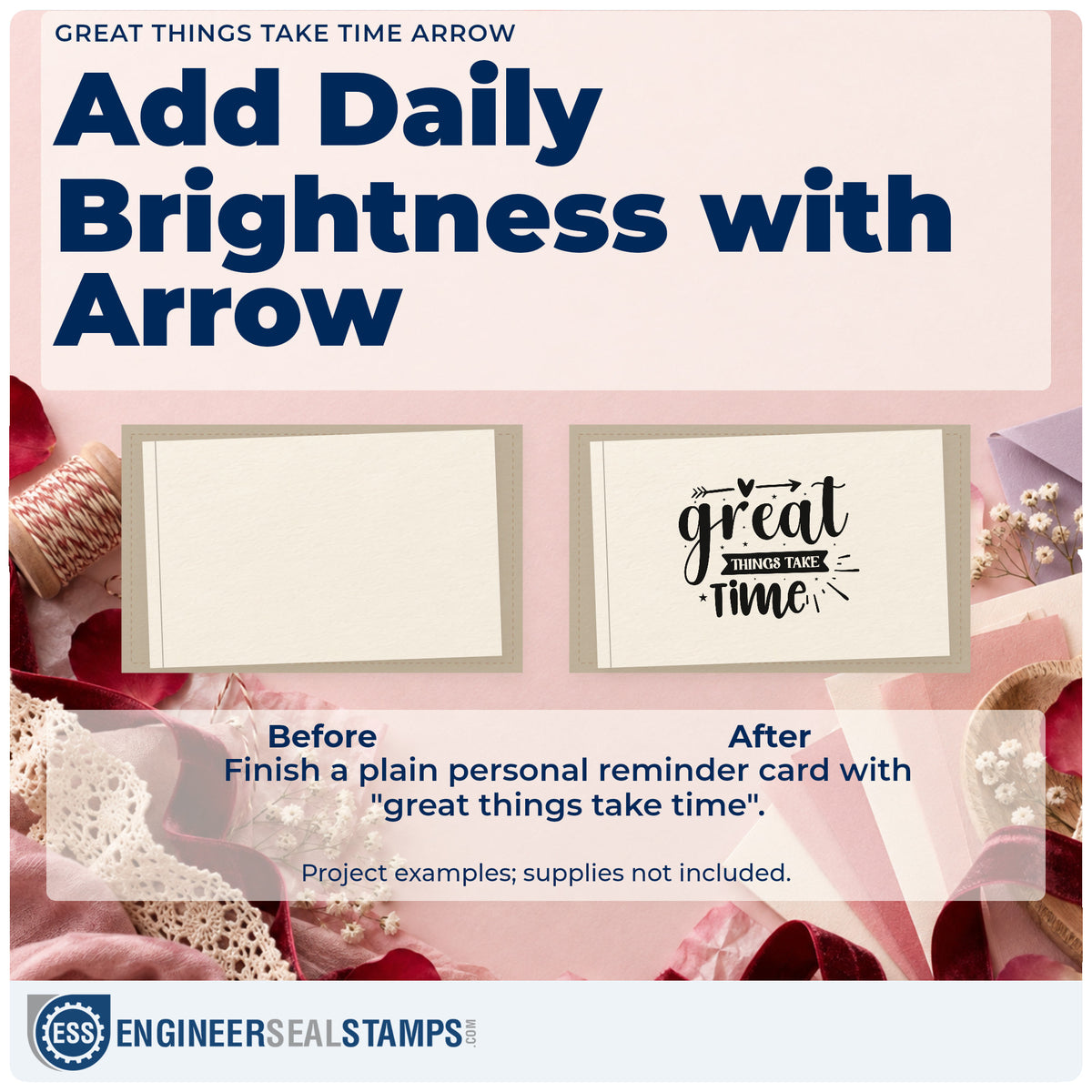 Before and after of a plain item finished with the Great Things Take Time Arrow Craft Stamp – Self-Inking, a quick upgrade for framed boat shed.