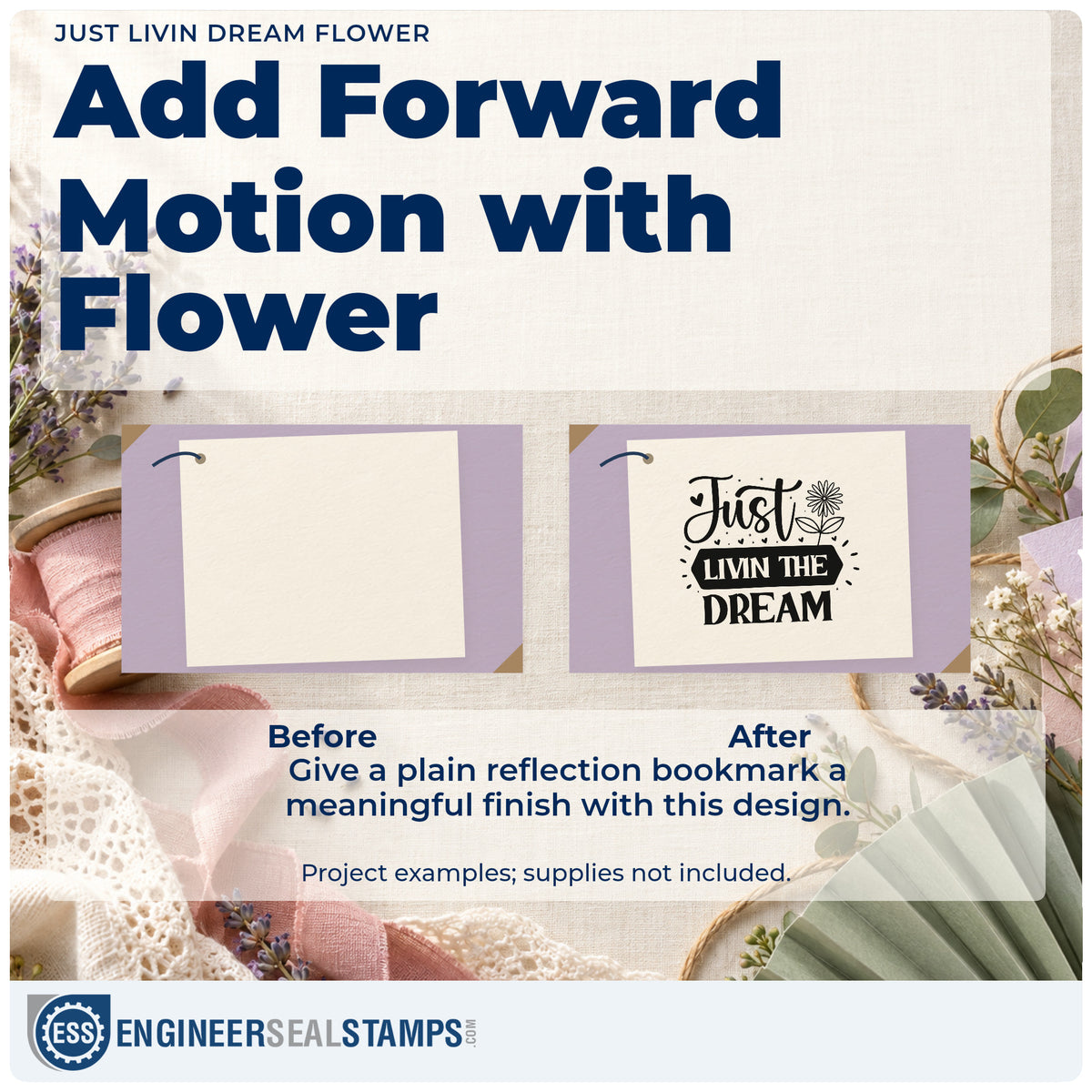 Before and after of a plain item finished with the Just Livin Dream Flower With Hearts PSI Pre-Inked Stamp, a quick upgrade for framed camp office.