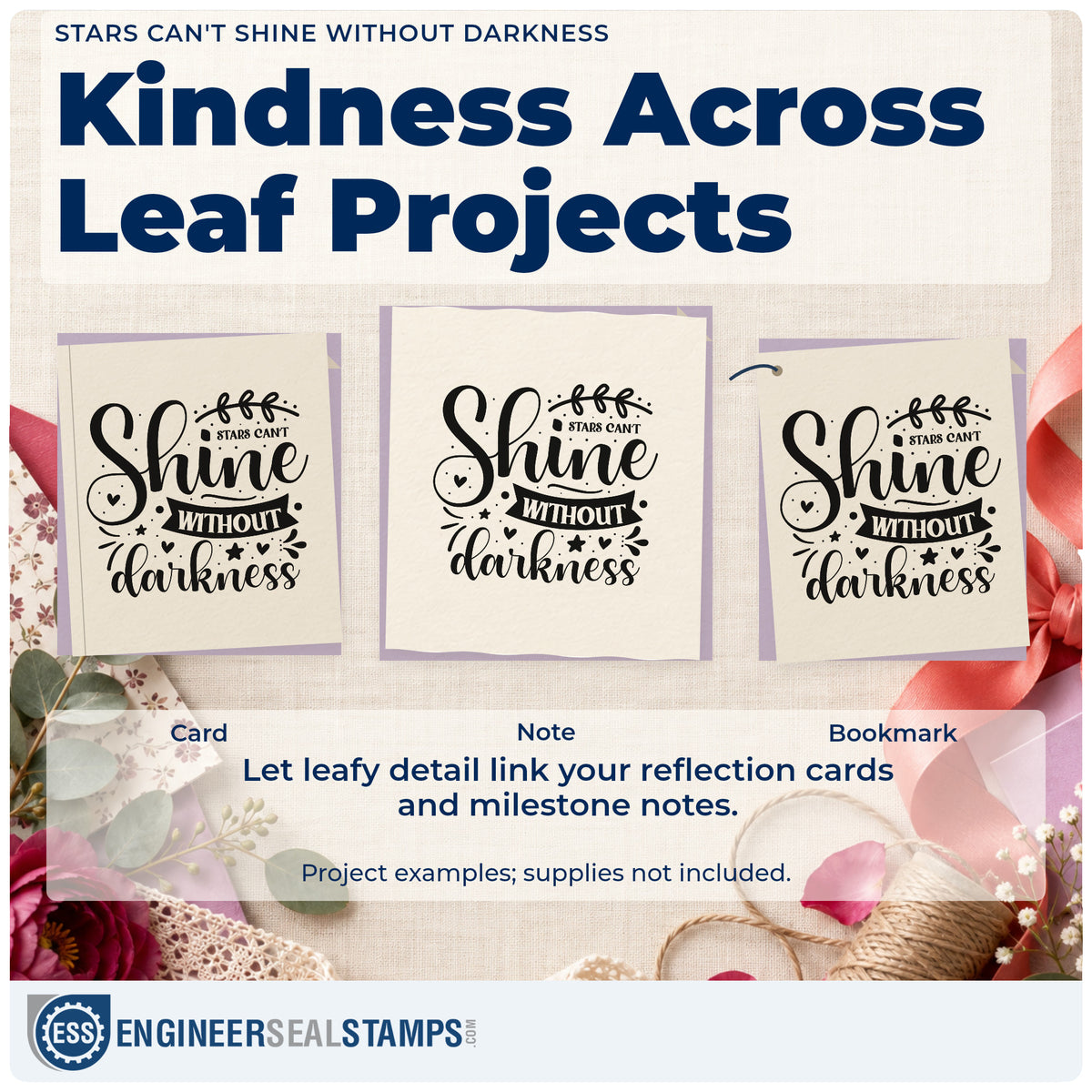 Three project examples made with the Premium Wooden Stars Can't Shine Without Darkness Botanical Sprig Stamp – Vintage Pro, including cue plot sheet.