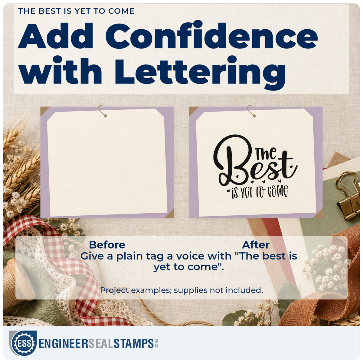 Before and after of a plain item finished with the The Best Is Yet To Come Heart Accents Hand Stamp – Duo, a quick upgrade for framed mantel shelf.