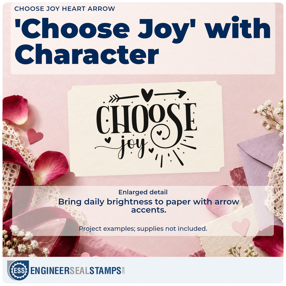 Enlarged detail of the Choose Joy Heart Arrow Lettering Stamp – Premium Vintage Pro Wooden imprint. The words "Choose joy" appear beneath a heart-centered arrow with a heart inside the curled S and decorative rays.