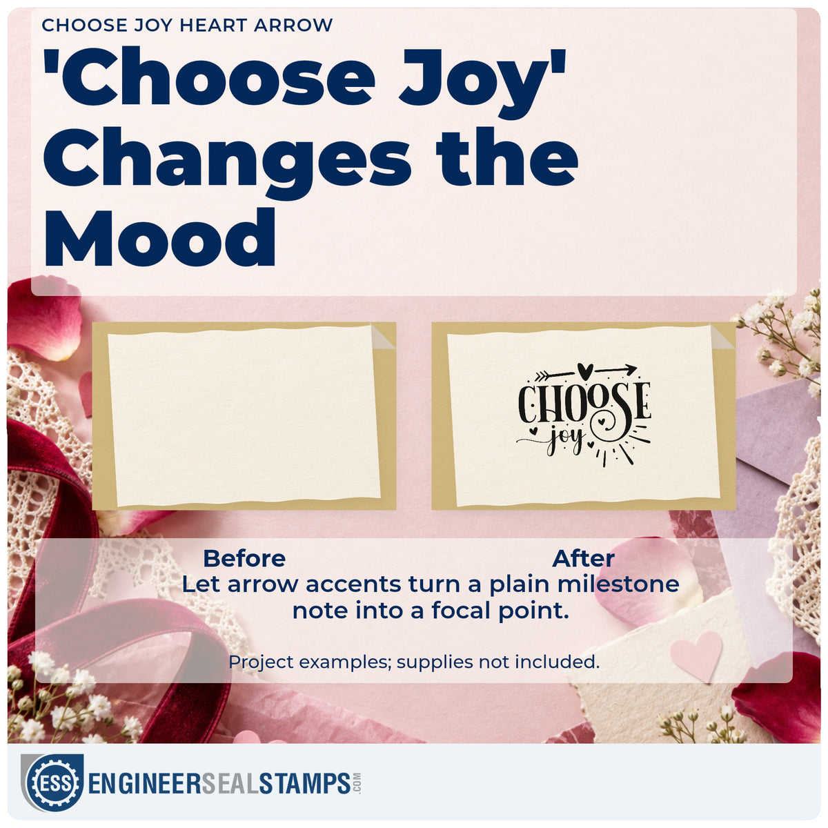 Before and after of a plain item finished with the Choose Joy Heart Arrow Lettering Stamp – Premium Vintage Pro Wooden, a quick upgrade for framed front window.