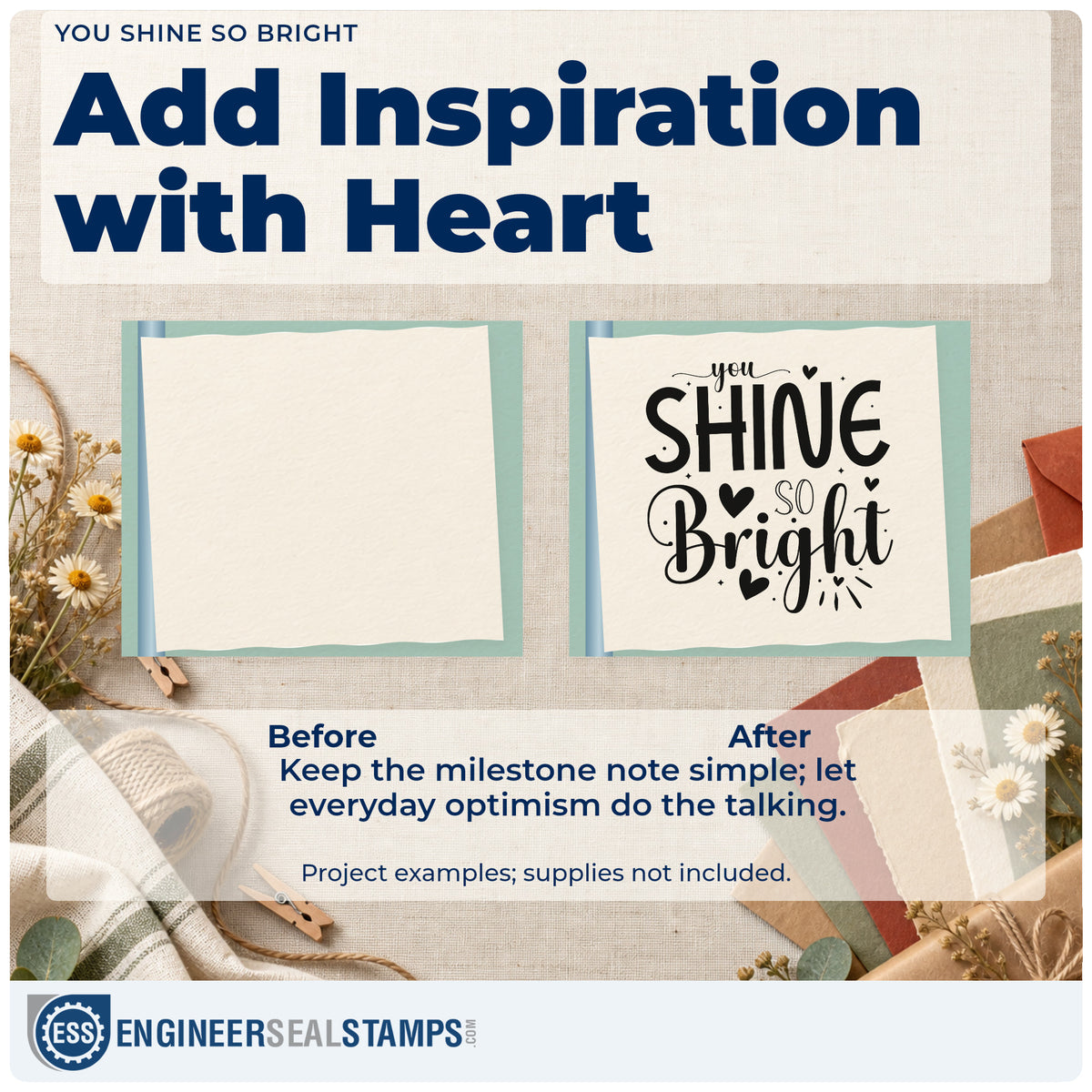 Before and after of a plain item finished with the You Shine So Bright With Hearts Self-Inking Craft Stamp, a quick upgrade for framed hall mirror.