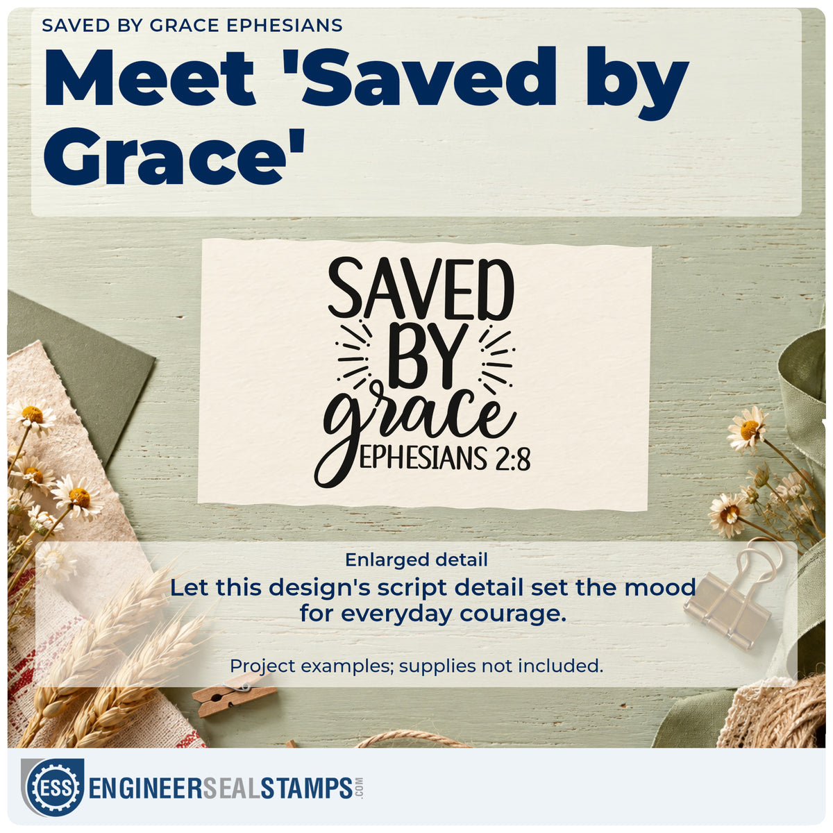 Enlarged detail of the Saved By Grace Ephesians Hand Stamp – Duo imprint. The words "Saved by grace" appear with radiating lines and the scripture reference "Ephesians 2:8."