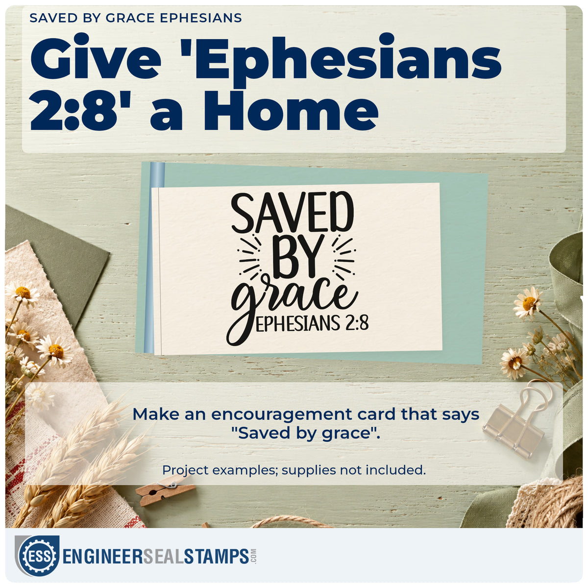 A finished handmade project stamped with the Saved By Grace Ephesians Pre-Inked Stamp – Slim, ideal for welcome album page.