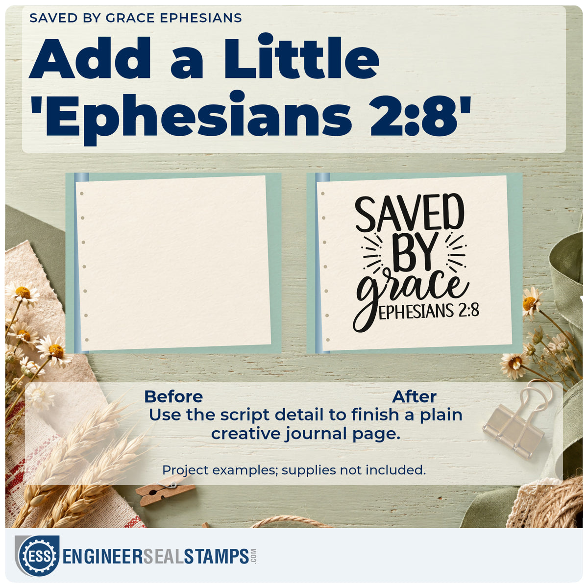 Before and after of a plain item finished with the Saved By Grace Ephesians Pre-Inked Stamp – Slim, a quick upgrade for framed foyer wall.