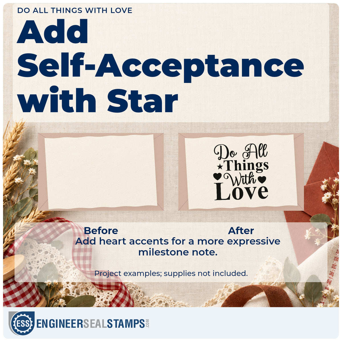 Before and after of a plain item finished with the Do All Things With Love With Stars Stamp – Premium Vintage Pro Wooden, a quick upgrade for framed decorating room.
