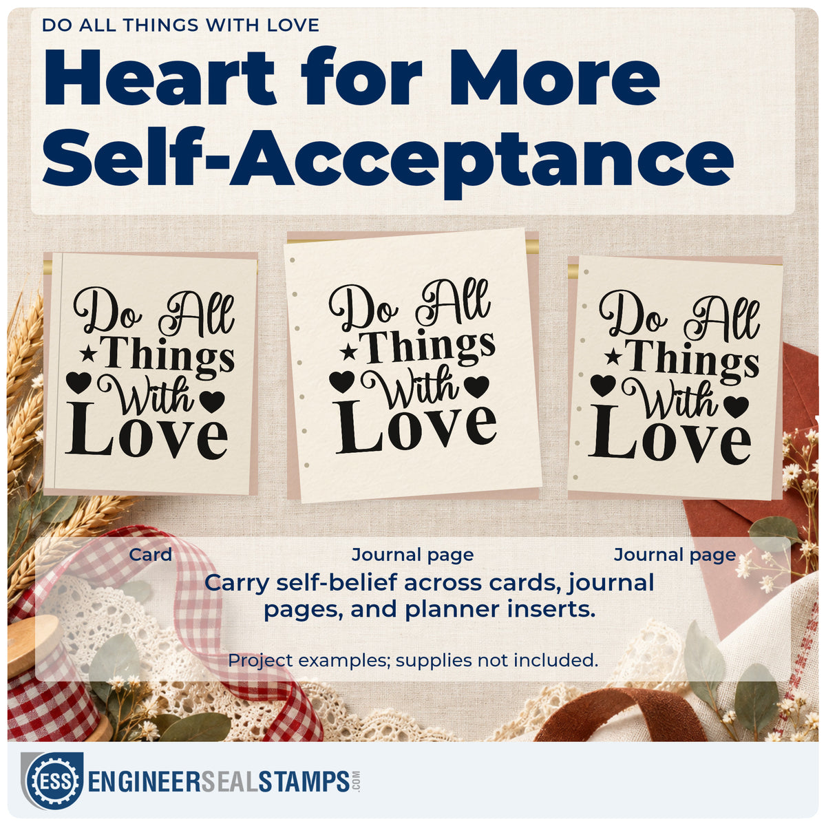Three project examples made with the Duo Hand Do All Things With Love With Stars Rubber Stamp, including order build sheet.