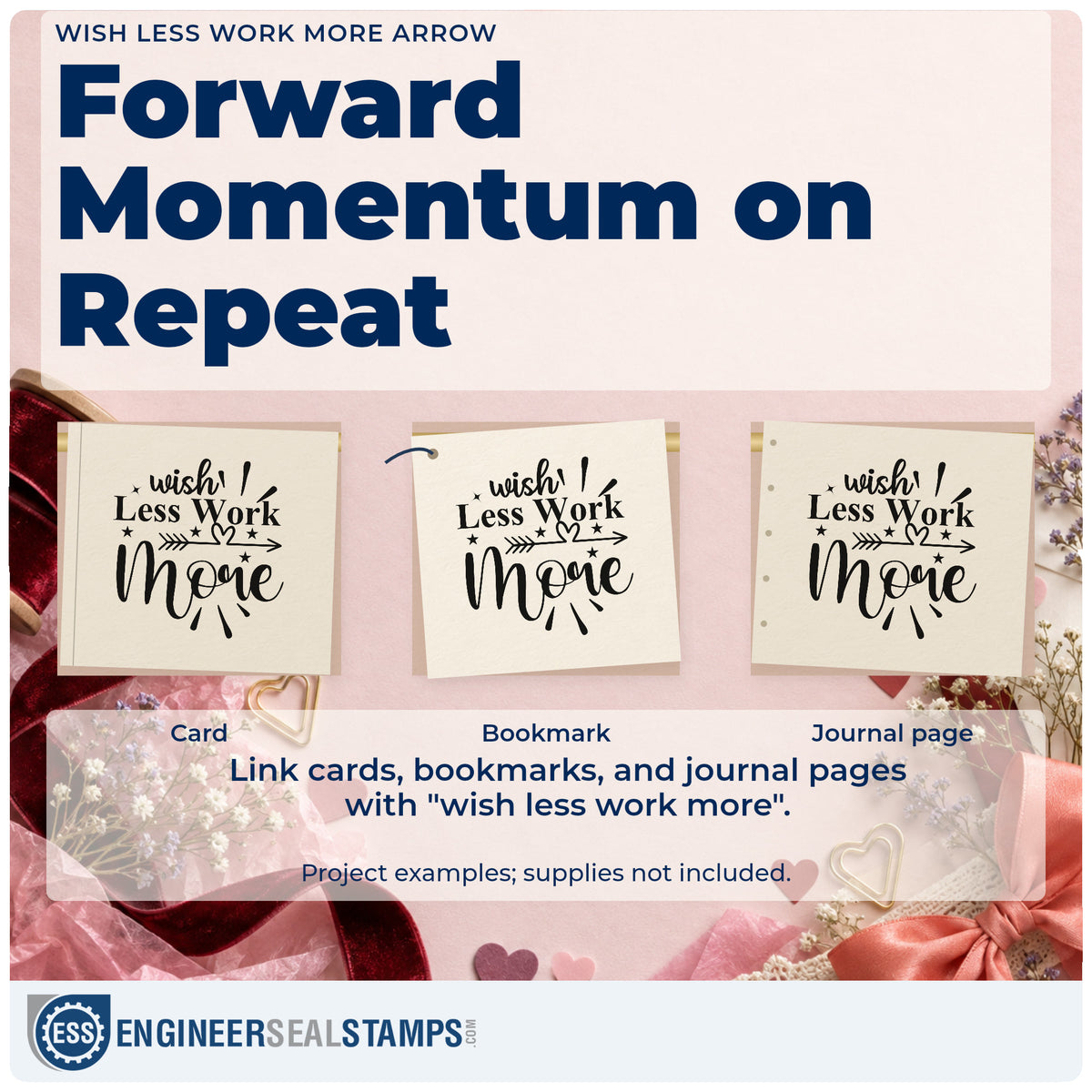 Three project examples made with the Wish Less Work More Arrow Hand Stamp – Duo, including yard route sheet.