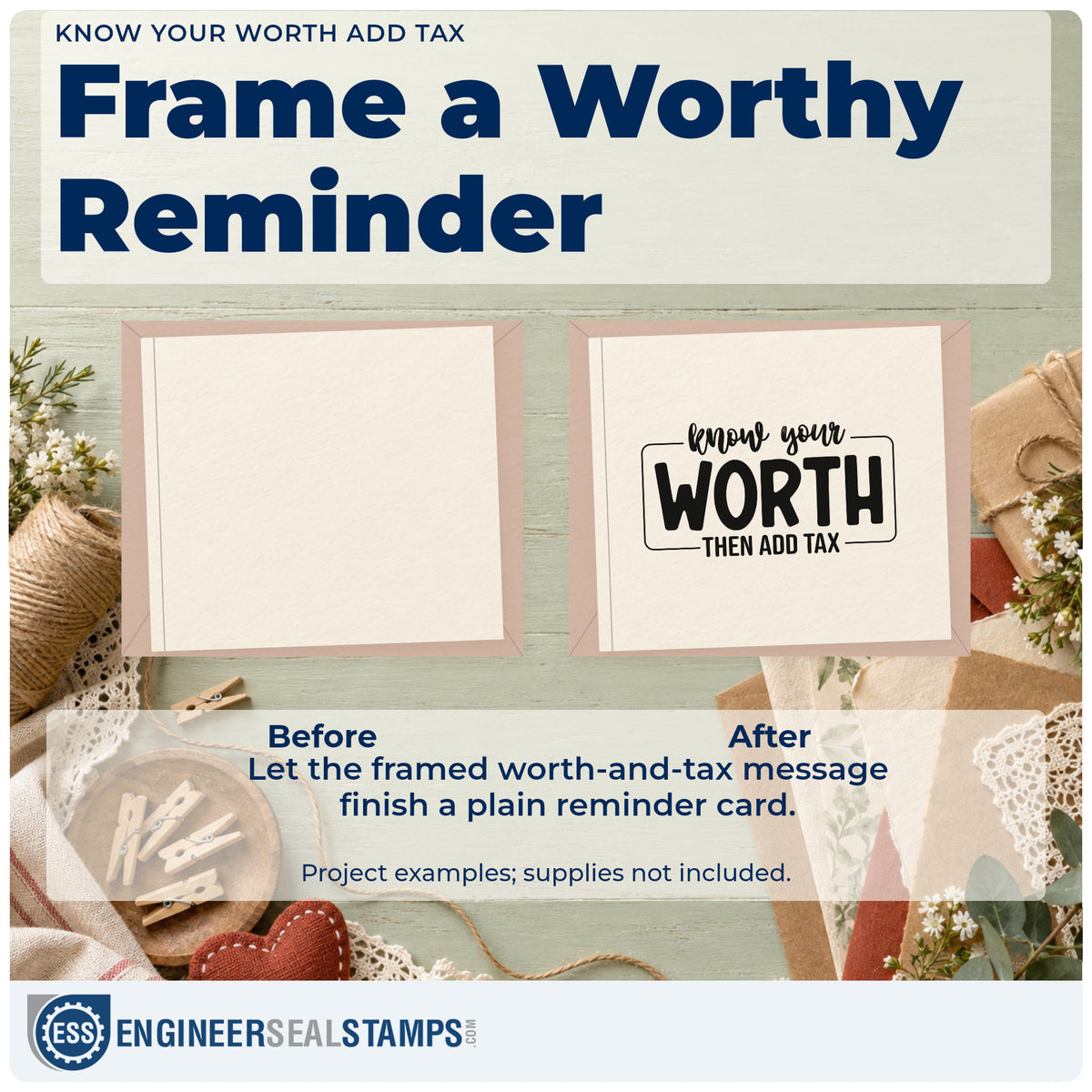 Before and after of a plain item finished with the Know Your Worth Then Add Tax Slim Pre-Inked Stamp, a quick upgrade for framed studio vanity.