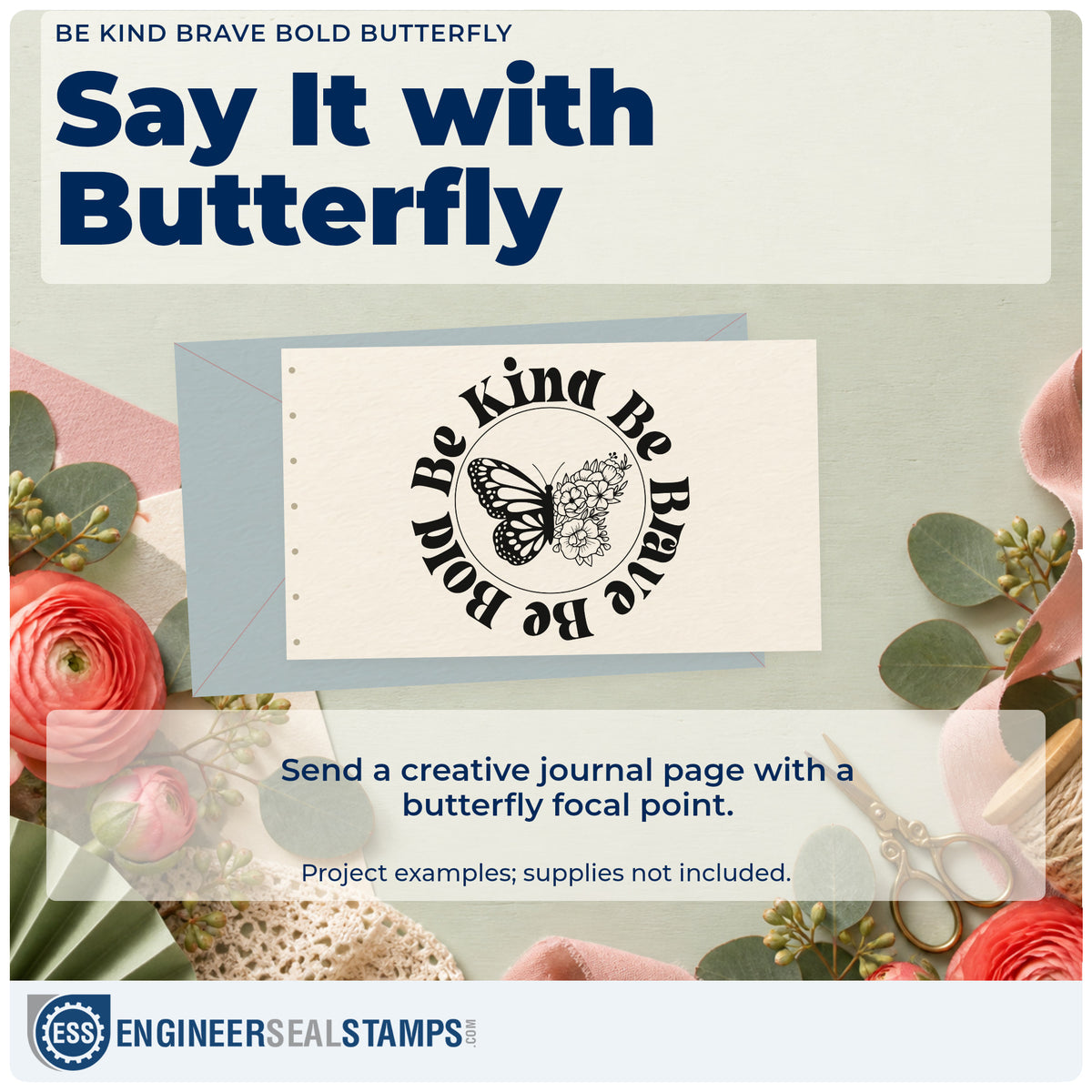 A finished handmade project stamped with the Be Kind Brave Bold Butterfly Circular Layout Stamp – Wood Handle, ideal for project term album page.
