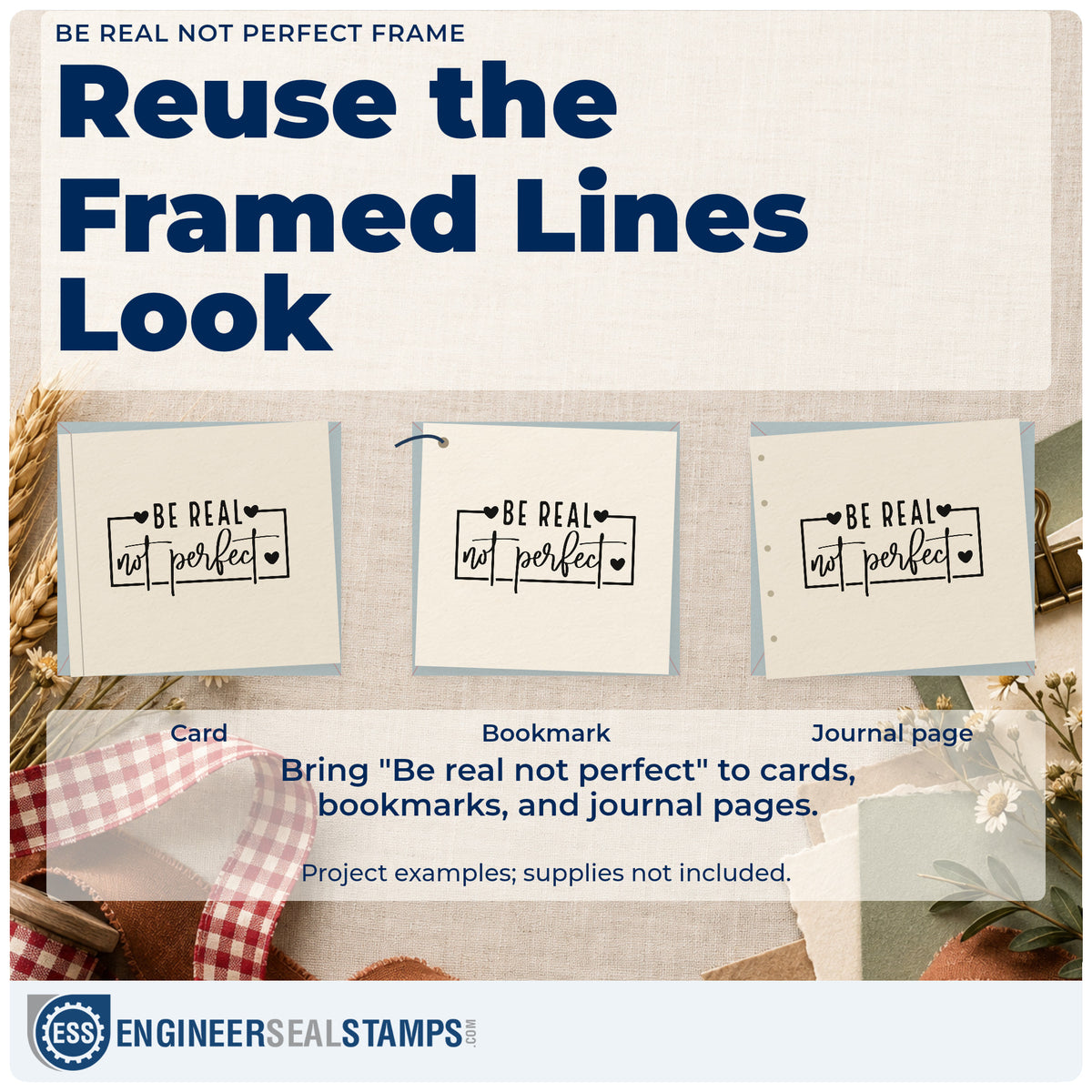 Three project examples made with the Be Real Not Perfect Frame Stamp – Self-Inking, including topic week sheet.