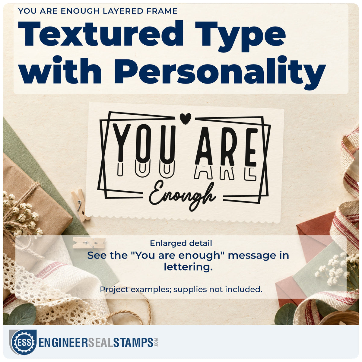 Enlarged detail of the You Are Enough Layered Frame Rubber Stamp – Duo Hand imprint. The phrase "You are enough" appears inside overlapping rough rectangles with repeated outlined lettering and a heart.