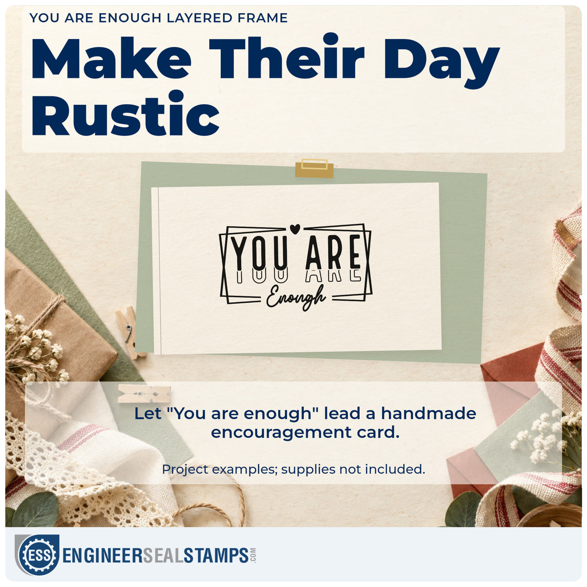 A finished handmade project stamped with the You Are Enough Layered Frame Premium Wooden Stamp – Vintage Pro, ideal for first year album page.