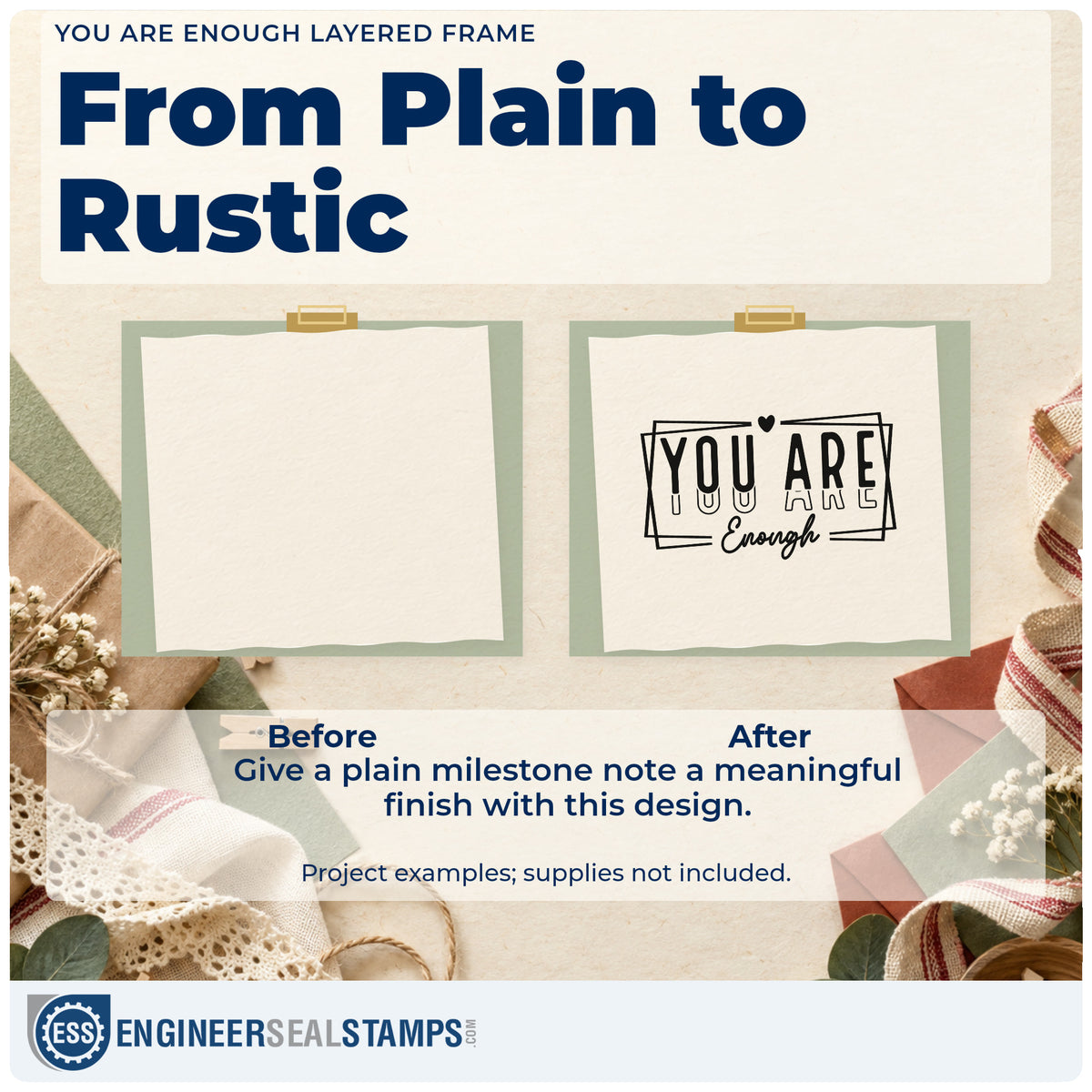 Before and after of a plain item finished with the You Are Enough Layered Frame Premium Wooden Stamp – Vintage Pro, a quick upgrade for framed desk corner.