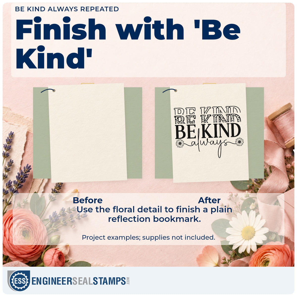 Before and after of a plain item finished with the Be Kind Always Repeated Hand Stamp – Duo, a quick upgrade for framed home office.