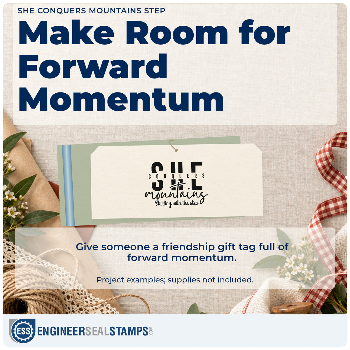 A finished handmade project stamped with the She Conquers Mountains Step Stamp – Premium Vintage Pro Wooden, ideal for hike season album page.