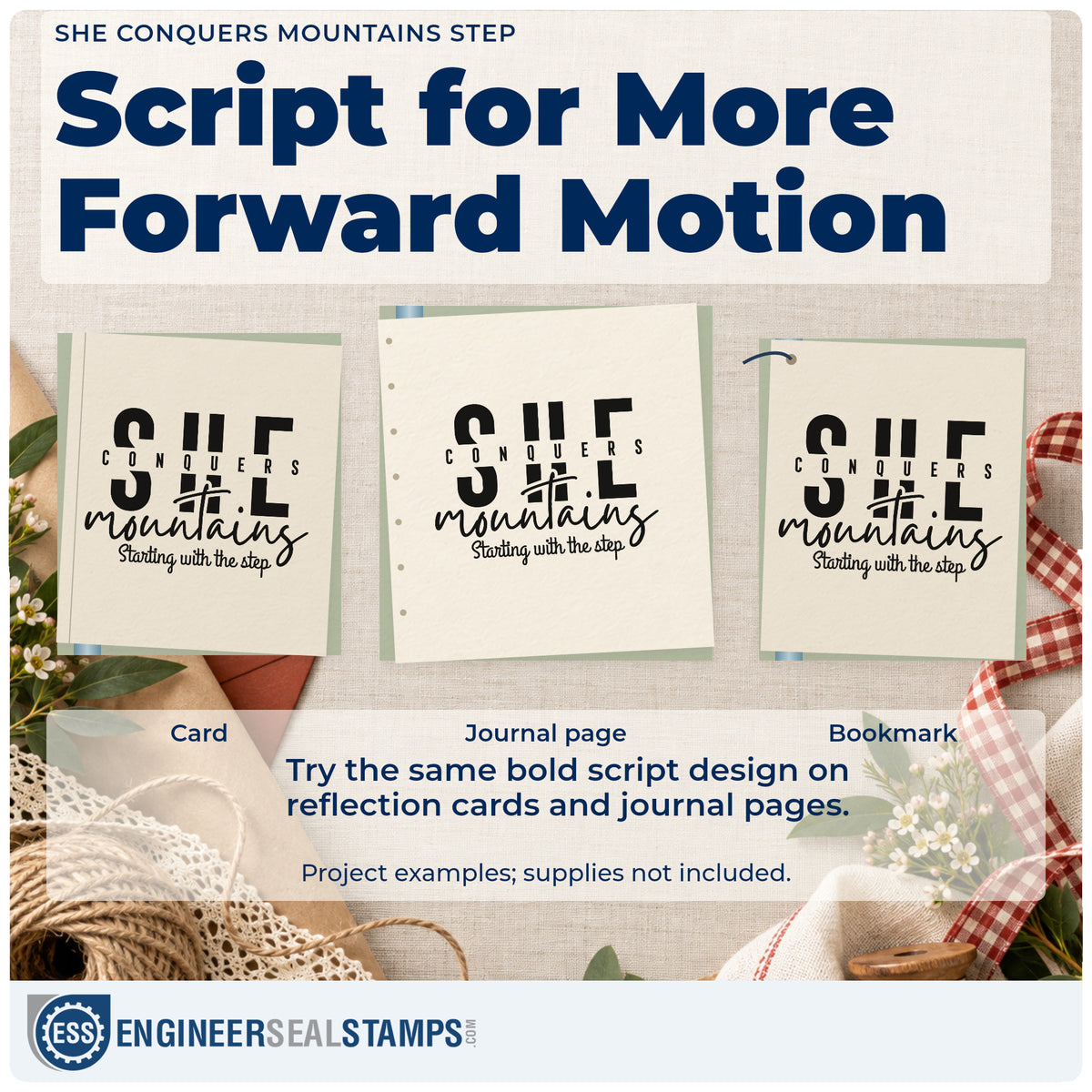 Three project examples made with the She Conquers Mountains Step Stamp – Premium Vintage Pro Wooden, including hike plan sheet.