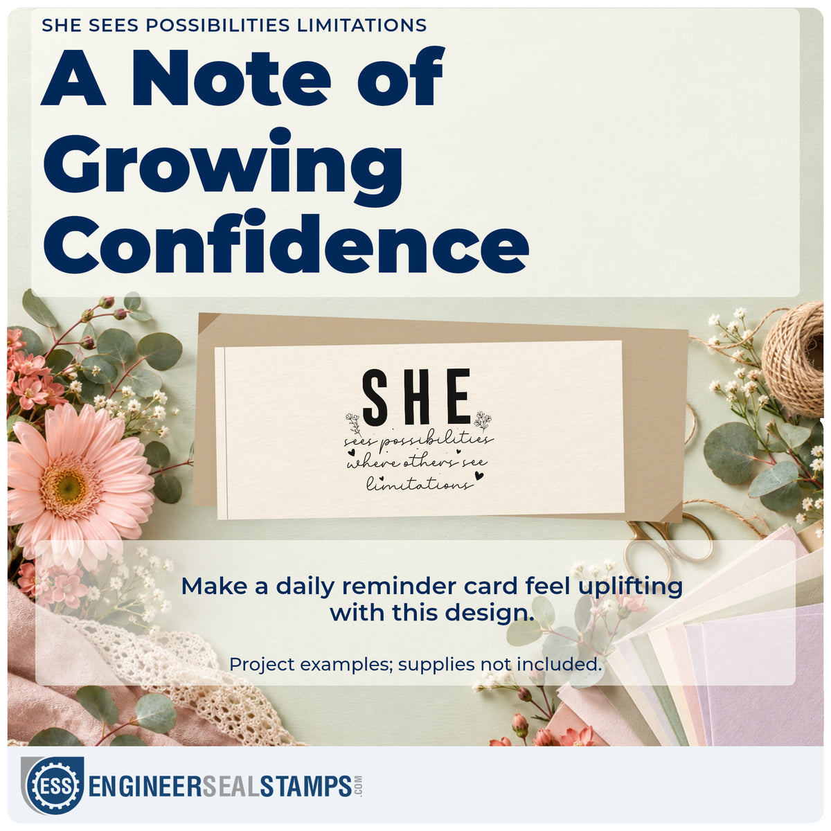 A finished handmade project stamped with the She Sees Possibilities Where Others See Limitations Duo Hand Stamp, ideal for studio term album page.
