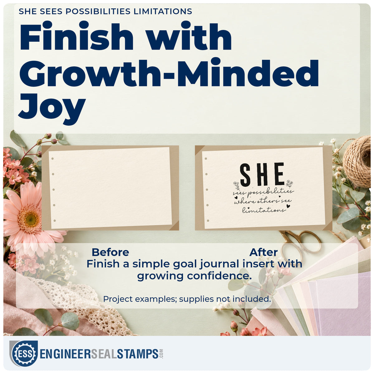 Before and after of a plain item finished with the She Sees Possibilities Where Others See Limitations Rubber Stamp – Wood Handle, a quick upgrade for framed studio desk.