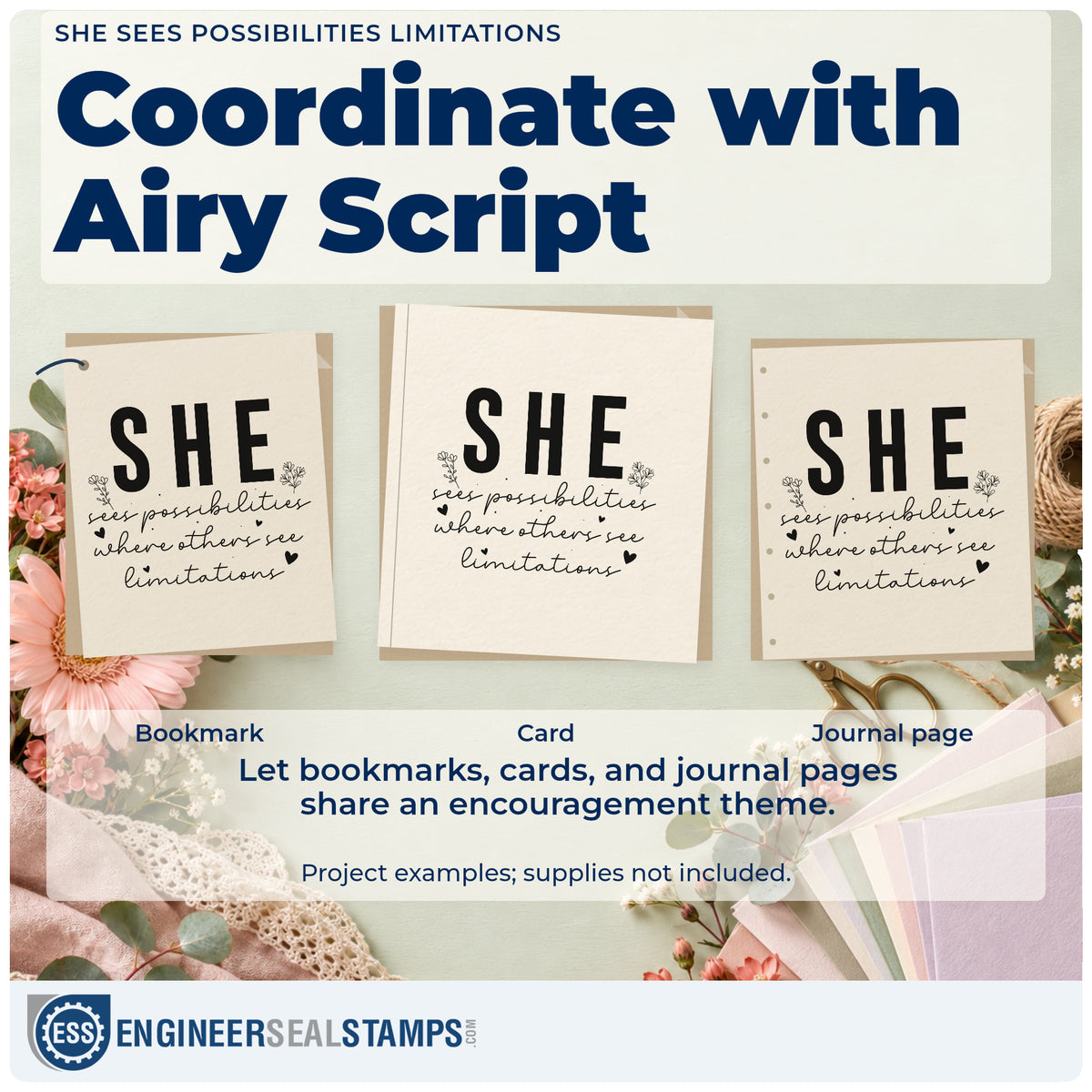 Three project examples made with the She Sees Possibilities Where Others See Limitations Duo Hand Stamp, including crit schedule sheet.