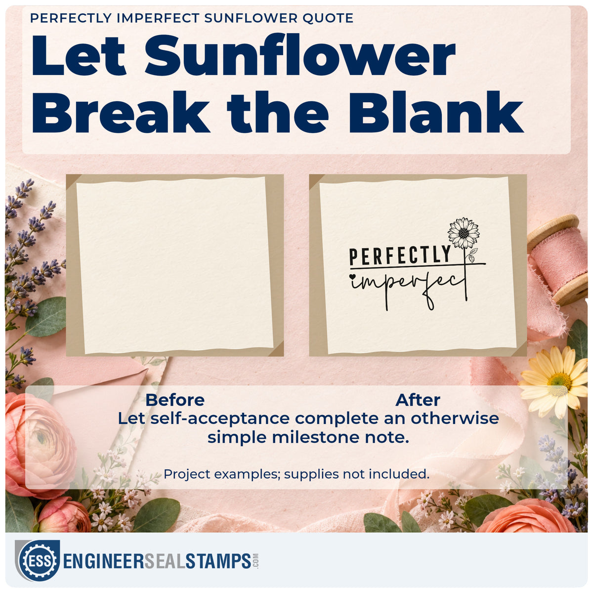 Before and after of a plain item finished with the Perfectly Imperfect Sunflower Word Art Rubber Stamp – Duo Hand, a quick upgrade for framed glaze shelf.