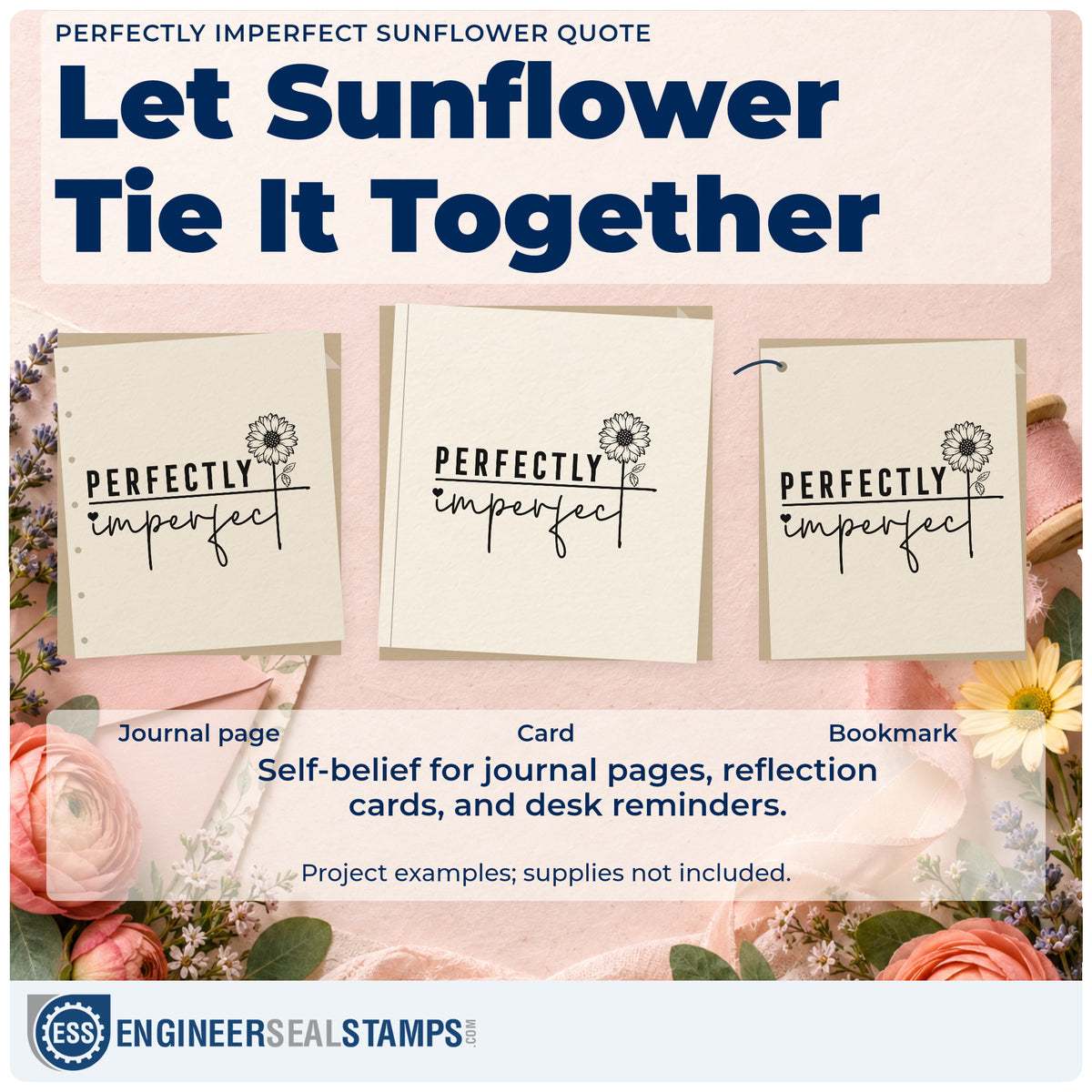 Three project examples made with the Perfectly Imperfect Sunflower Word Art Rubber Stamp – Duo Hand, including kiln load sheet.