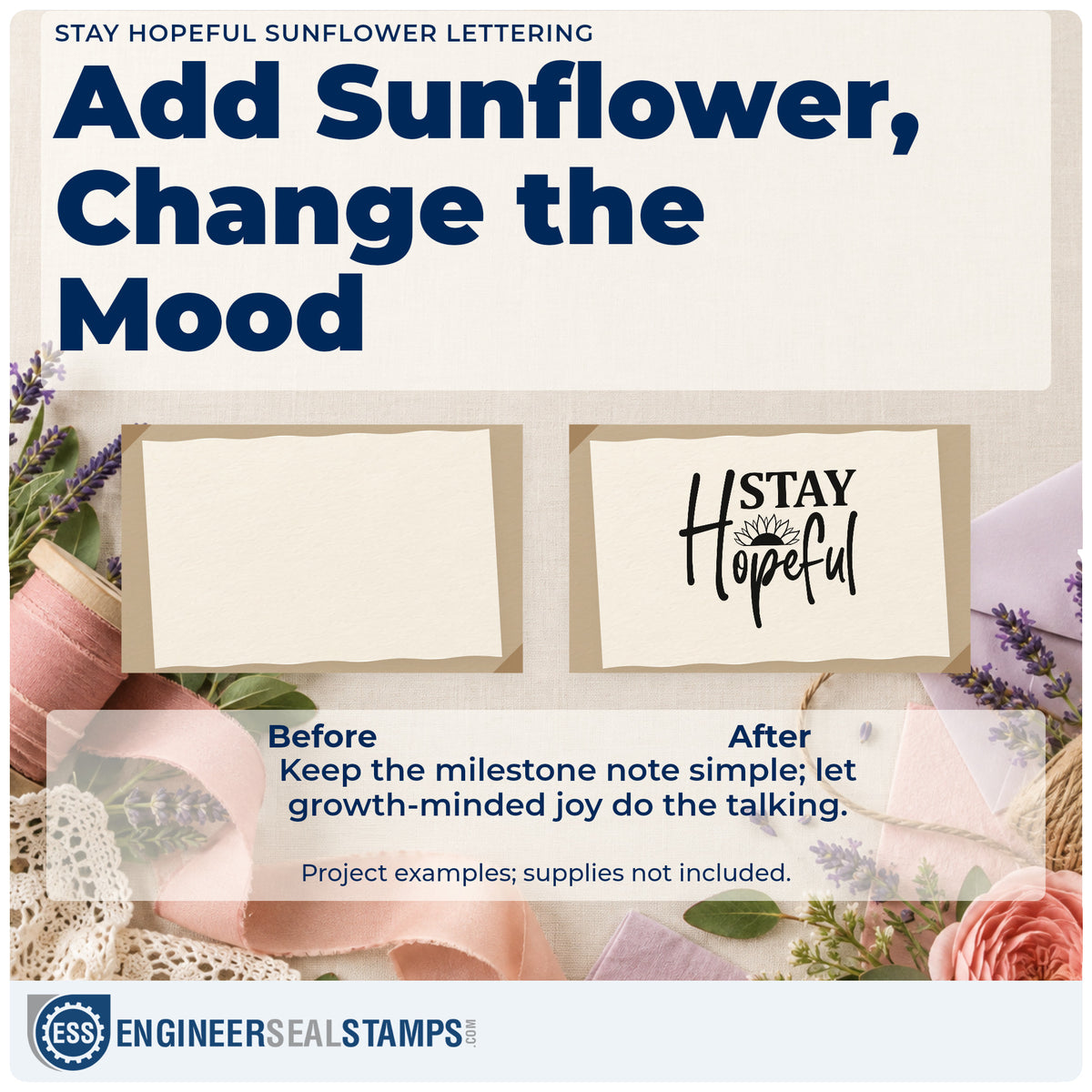 Before and after of a plain item finished with the Stay Hopeful Sunflower Lettering Pre-Inked Stamp – Slim, a quick upgrade for framed foster room.