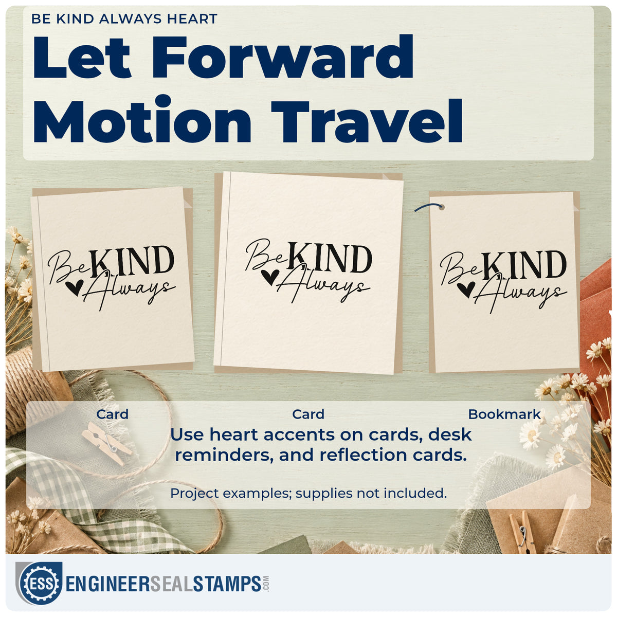 Three project examples made with the Be Kind Always Stamp – Duo Hand, including carpool rota sheet.
