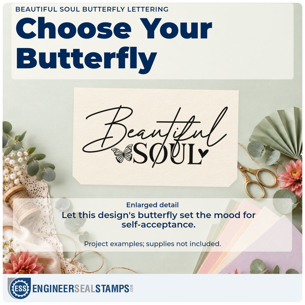 Enlarged detail of the Beautiful Soul Butterfly Word Art Slim Pre-Inked Stamp imprint. Beautiful SOUL pairs flowing script with a small butterfly.